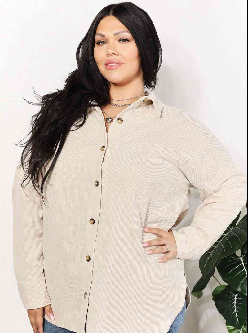Oversized Corduroy  Button Down Tunic Shirt with Bust Pocket (Online Exclusive)