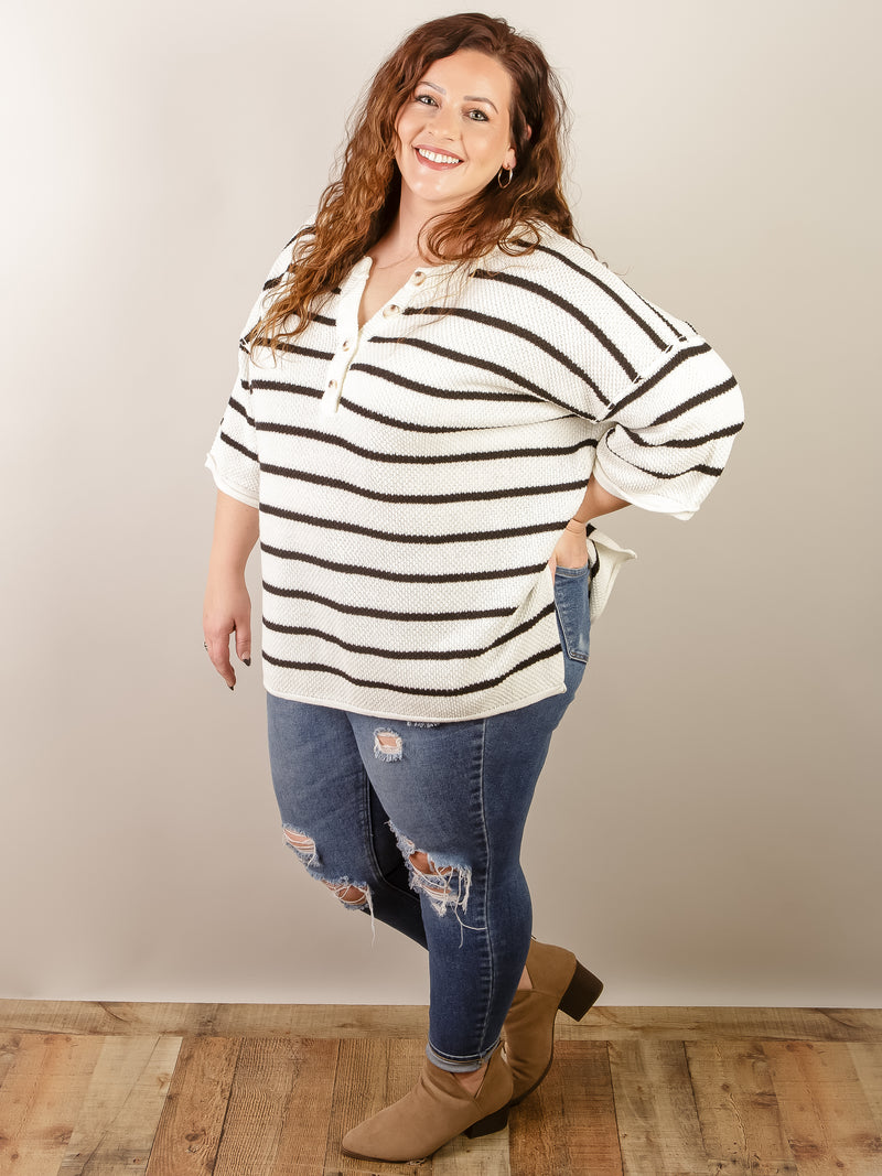 Curvy White Striped Short Sleeve Sweater
