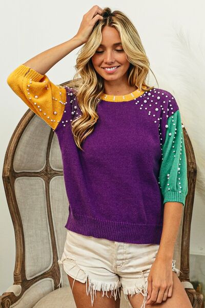 Color Block Pearl Detail Round Neck Sweater (Online Exclusive)