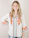 Ivory Striped Embroidered 3/4 Sleeve Blouse