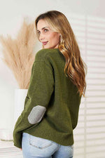 Army Green V-Neck Button Down Cardigan with Elbow Patch (Online Exclusive)