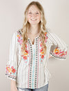 Ivory Striped Embroidered 3/4 Sleeve Blouse