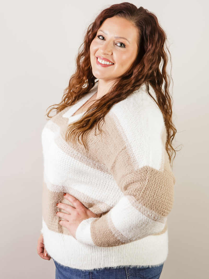 Ivory and Taupe Vneck Sweater