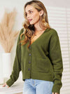 Army Green V-Neck Button Down Cardigan with Elbow Patch (Online Exclusive)