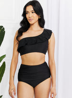 Marina West Swim Seaside Romance Ruffle One-Shoulder Bikini in Black (Online Exclusive)