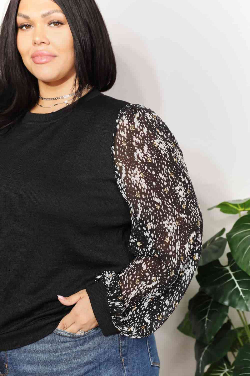 Black with Foil Printed Sleeve Top (Online Exclusive)