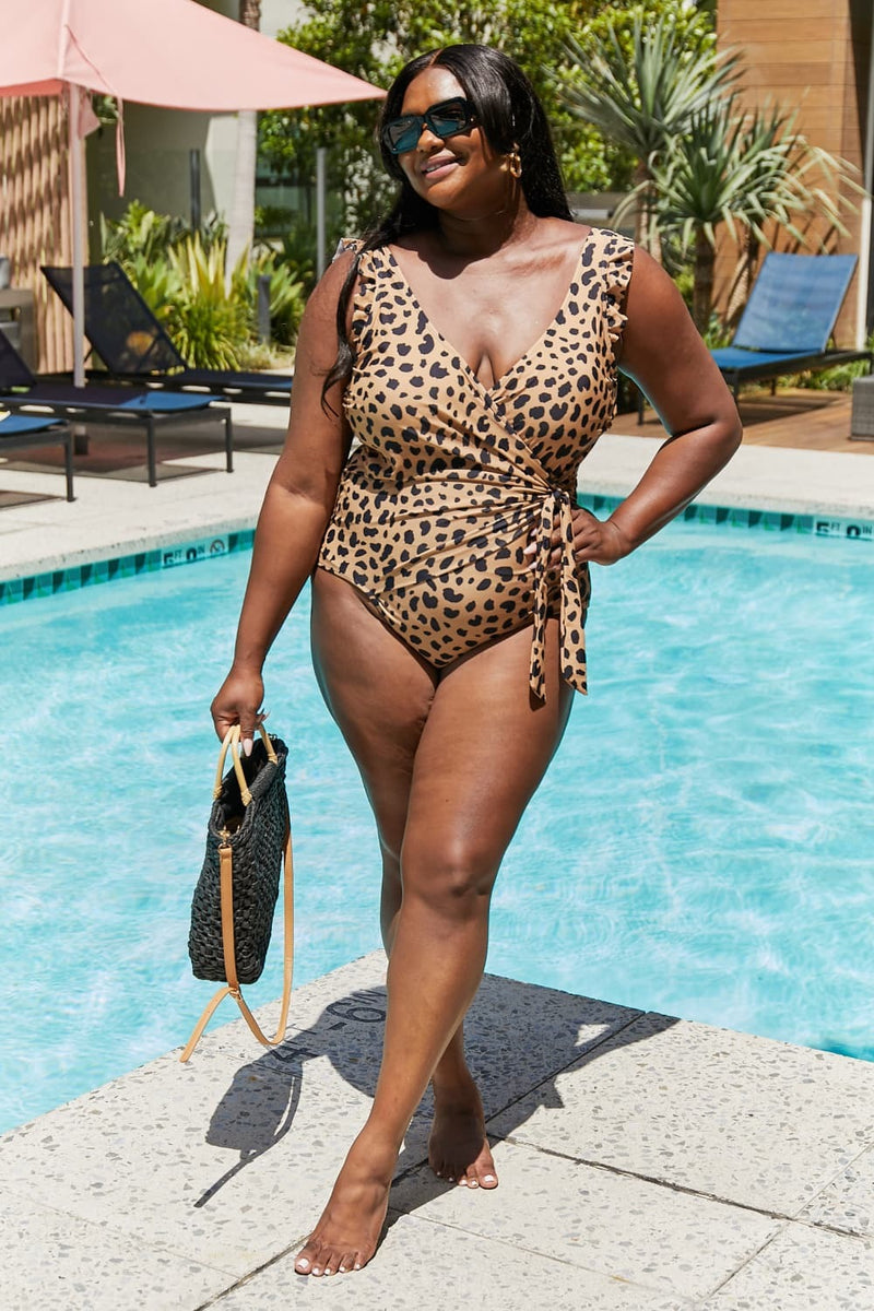 Adult Marina West Swim Full Size Float On Ruffle Faux Wrap One-Piece in Leopard (Online Exclusive)