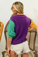 Color Block Pearl Detail Round Neck Sweater (Online Exclusive)